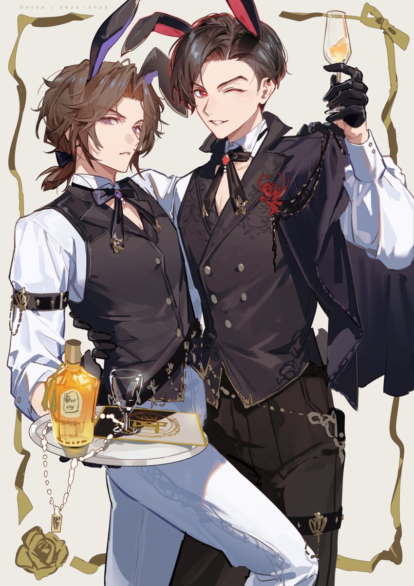 2022 2023 2boys alcohol animal_ears arm_around_waist azuma_michinaga bishounen black_cape black_gloves black_hair black_pants black_vest bow bowtie brown_hair buffalo cape capelet celebration chinese_zodiac commentary crossed_legs doran_(doran7280) dress_shirt fake_animal_ears formal_clothes fox gloves happy_new_year highres jewelry kamen_rider kamen_rider_buffa kamen_rider_geats kamen_rider_geats_(series) leotard light_smile male_playboy_bunny multiple_boys necklace new_year one_eye_closed pants playboy_bunny print_bow print_bowtie purple_eyes rabbit_ears red_eyes ribbon shirt short_hair smile symbol-only_commentary tray ukiyo_ace vest white_pants year_of_the_rabbit