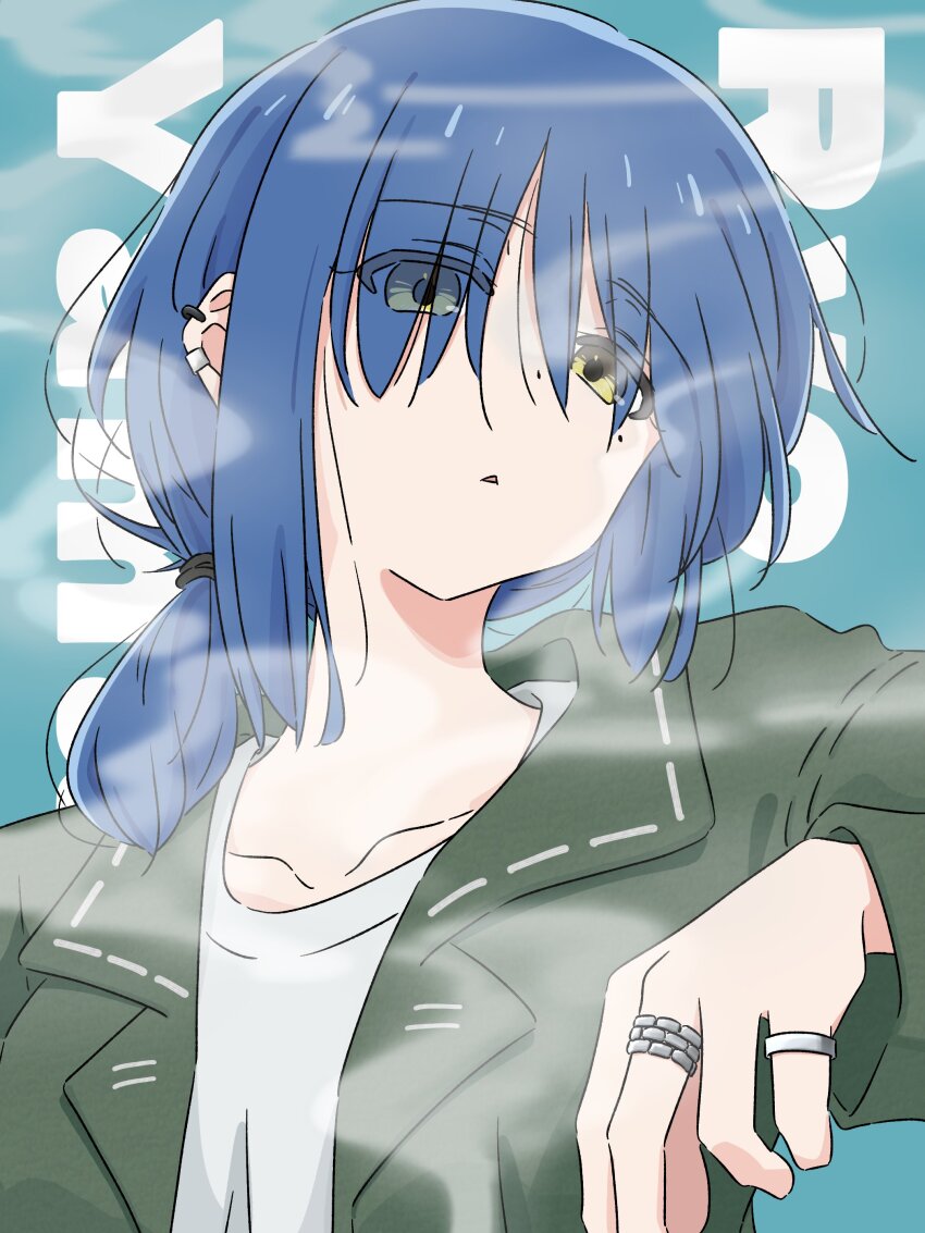 1girl absurdres aqua_background blue_hair bocchi_the_rock! character_name collarbone commentary_request dot_nose ear_piercing eyes_visible_through_hair green_jacket hair_tie highres jacket jewelry lapels long_sleeves looking_at_viewer mayo_(oekaki_bibbi) mole mole_under_eye parted_lips piercing ring shirt short_hair sidelocks smoke solo upper_body white_shirt yamada_ryo yellow_eyes