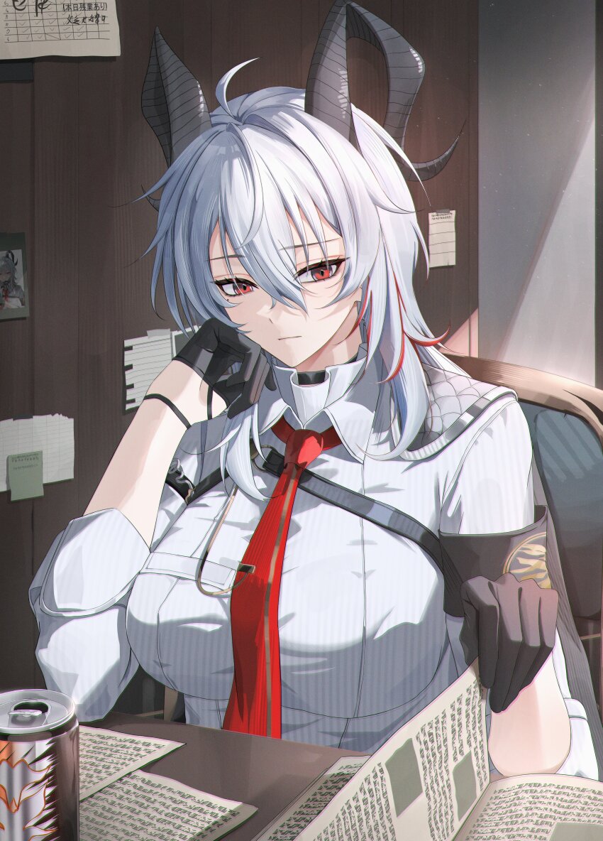 1girl absurdres annotated armor black_armor black_choker black_gloves black_horns black_jacket breasts can chest_harness chinese_commentary choker collared_shirt commentary_request curled_horns drink_can energy_drink gloves hair_between_eyes harness highres horns indoors jacket jacket_on_shoulders large_breasts multicolored_hair necktie paper red_eyes red_necktie revision rin0_(gujrv) shirt solo streaked_hair white_shirt wuthering_waves zani_(wuthering_waves)