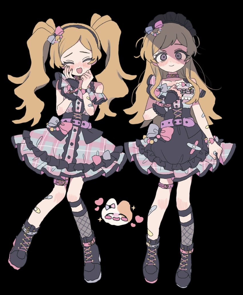 1girl asymmetrical_dress bandaid bandaid_on_arm bandaid_on_leg black_background black_boots black_hairband black_headdress blonde_hair blush boots bow closed_eyes closed_mouth collar dress dress_bow emily_stewart fishnet_socks fishnets full_body hair_down hairband hands_up heart heart_collar highres idolmaster idolmaster_million_live! idolmaster_million_live!_theater_days long_hair multiple_views official_alternate_costume open_mouth parted_bangs pink_collar pnt_0202 purple_eyes simple_background single_sock socks sparkle thigh_strap twintails two-tone_bow two-tone_dress yandere