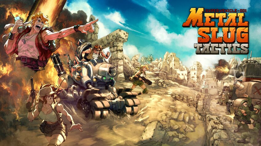 absurdres bandana baseball_cap breasts brown_eyes brown_hair cleavage crop_top david_liu explosive fio_germi flak_jacket glasses green_bandana grenade gun hat highres holding holding_gun holding_walkie-talkie holding_weapon jacket kasamoto_eri knee_pads large_breasts marco_rossi metal_slug metal_slug_tactics midriff multiple_boys multiple_girls official_art open_clothes open_vest ponytail round_eyewear shorts sleeveless snk socket_wrench solo_focus standing stielhandgranate sv001_(metal_slug) tarma_roving tool_belt vest walkie-talkie weapon