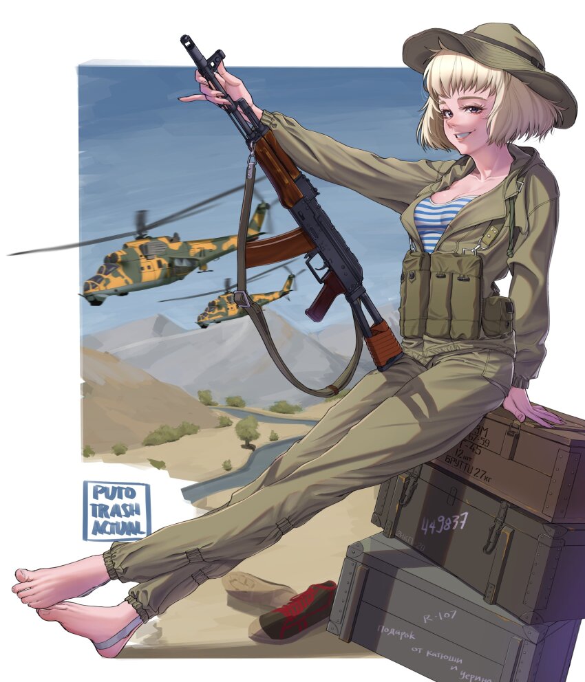 1girl absurdres aircraft ak-74 assault_rifle attack_helicopter barefoot blonde_hair breasts camouflage feet green_jacket green_pants gun helicopter highres jacket kalashnikov_rifle medium_breasts mi-24 military_uniform military_vehicle open_clothes open_jacket original pants puto_trash rifle shirt shoes smile solo soviet_army striped_clothes striped_shirt telnyashka toes unworn_shoes war_in_afghanistan weapon