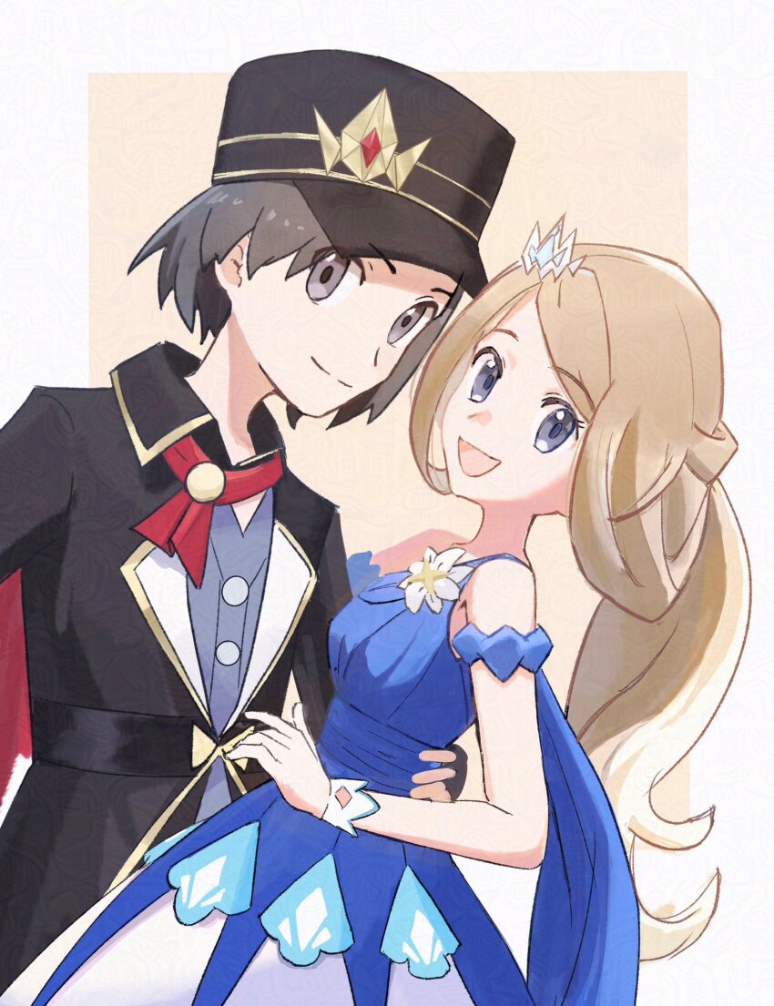 blonde_hair blue_dress calem_(champion)_(pokemon) calem_(pokemon) dress grey_eyes highres huhuhu_(yakiimoumai) long_hair nintendo pokemon pokemon_xy serena_(champion)_(pokemon) serena_(pokemon)