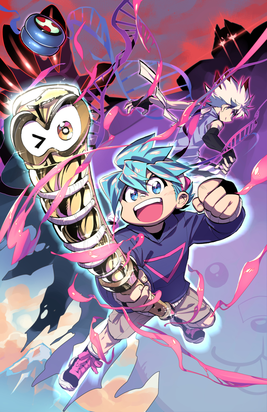 3boys absurdres aqua_eyes aqua_hair backwards_hat baseball_cap big_mouth black_boots black_bridal_gauntlets black_eyes black_gloves black_shorts blue_hood blue_hoodie blue_sleeves boots bridal_gauntlets brown_shorts cargo_shorts character_request chewing_gum clenched_hand cloud commentary_request corocoro_comic cover dated_commentary double-parted_bangs double_helix elbow_gloves fingerless_gloves fingernails fuma_(ninjala) gloves glowing glowing_eyes gumchi gungho hat highres holding holding_weapon hood hood_down hoodie ippon_katana_(ninjala) kappei_(ninjala) kushabiria lace-up_boots looking_at_viewer mountain multiple_boys ninja_yo-yo_(ninjala) ninjala nose_tape official_art pouch purple_shirt red_eyes red_hair red_nails shide shirt shorts sleeveless sleeveless_shirt sparkle sparkling_aura spiked_hair teeth tongue tongue_out triangle_print turtleneck turtleneck_shirt upper_teeth_only weapon white_hair white_hat white_wrist_cuffs wrist_cuffs yo-yo