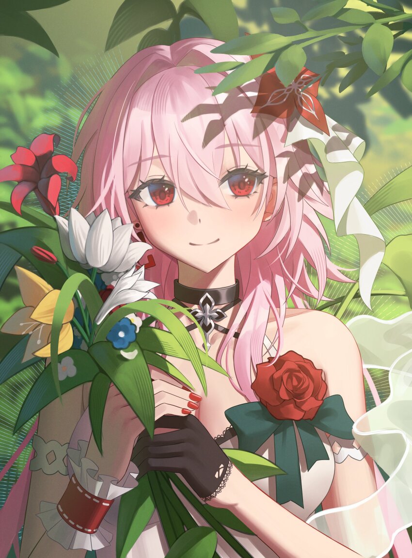 1girl absurdres alternate_breast_size_(larger) alternate_costume bare_shoulders blue_flower bow breasts choker cleavage dalmo_(pafe2444) dress earrings evernight_(honkai:_star_rail) flower gloves hair_flower hair_ornament hashtag-only_commentary highres honkai:_star_rail honkai_(series) jewelry lace_trim large_breasts leaf march_7th_(honkai:_star_rail) pink_hair red_eyes red_flower red_nails single_earring sleeveless smile spaghetti_strap white_dress white_flower yellow_flower