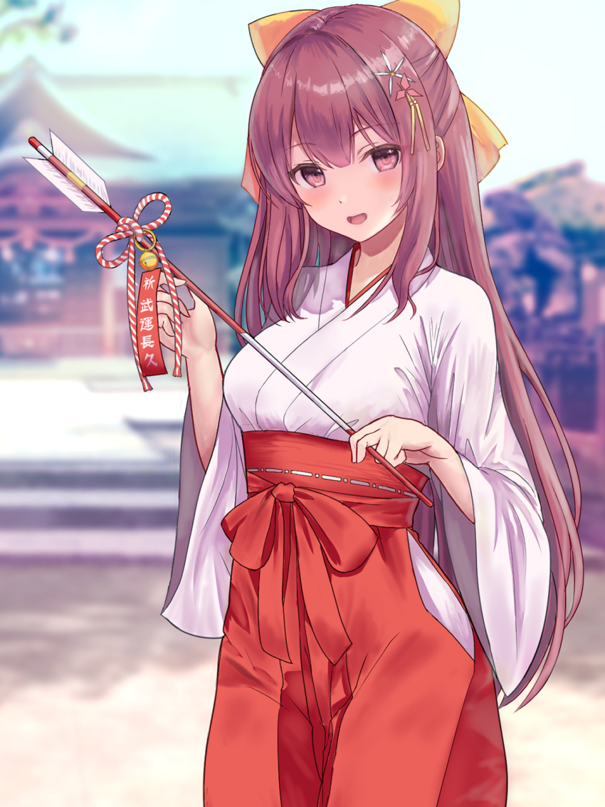 1girl arrow_(projectile) blue_sky blurry blush bow breasts day em_s hair_bow hair_ornament hakama hakama_skirt highres japanese_clothes kamikaze_(kancolle) kantai_collection kimono long_hair looking_at_viewer medium_breasts miko outdoors purple_eyes purple_hair red_hakama ribbon-trimmed_sleeves ribbon_trim shrine skirt sky smile solo white_kimono yellow_bow
