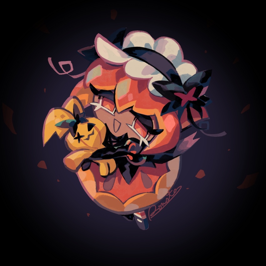 1girl :d artist_name bad_id bad_pixiv_id black_background black_hairband black_shirt black_shoes bow_hairband commentary_request cookie_run cookie_run:_kingdom frilled_hairband frills from_above full_body gloved_sleeves hair_between_eyes hairband highres holding holding_stuffed_toy inactive_account juliet_sleeves long_sleeves looking_at_viewer mary_janes no_pupils open_mouth orange_eyes orange_hair orange_petals orange_skirt pompon_(cookie_run) puffy_sleeves pumpkin_pie_cookie rn9j shirt shoes short_hair simple_background skirt smile solo standing stuffed_animal stuffed_toy vignetting