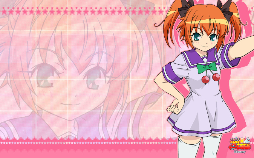 1girl arm_out_of_frame arm_up black_ribbon blush bow bowtie breasts cherry_ornament clenched_hand closed_mouth commentary company_name copyright_name cowboy_shot dress green_bow green_bowtie green_eyes grid_background hair_between_eyes hair_ribbon hand_on_own_hip highres kaitou_tenshi_twin_angel looking_at_viewer medium_hair minazuki_haruka_(twin_angel) official_art orange_hair pink_background pink_theme pleated_dress puffy_short_sleeves puffy_sleeves purple_dress purple_sailor_collar purple_serafuku ribbon sailor_collar school_uniform second-party_source serafuku short_dress short_sleeves short_twintails sleeve_cuffs small_breasts smile solo split_mouth standing star_(symbol) star_symbol_background summer_uniform tareme thighhighs twin_angel twintails white_thighhighs zettai_ryouiki zoom_layer
