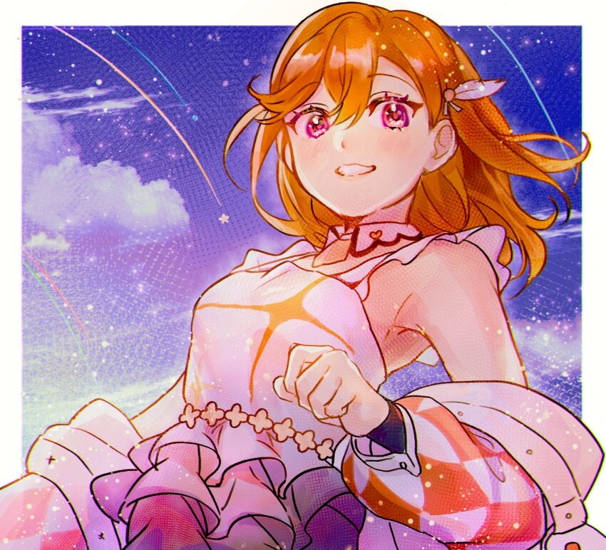 argyle_clothes armpits blush border breasts check_commentary clenched_hand clenched_teeth cloud collar commentary_request detached_collar dress frilled_dress frilled_skirt frills hair_ornament hajimari_wa_kimi_no_sora heart highres jacket looking_at_viewer love_live! love_live!_superstar!! medium_hair open_clothes open_jacket orange_hair purple_eyes shibuya_kanon shooting_star skirt sky sleeve_cuffs sleeveless sleeveless_dress smile solo star_(sky) star_(symbol) starry_sky swept_bangs teeth tsubaki_no_shioyaki upper_body white_border white_dress white_jacket