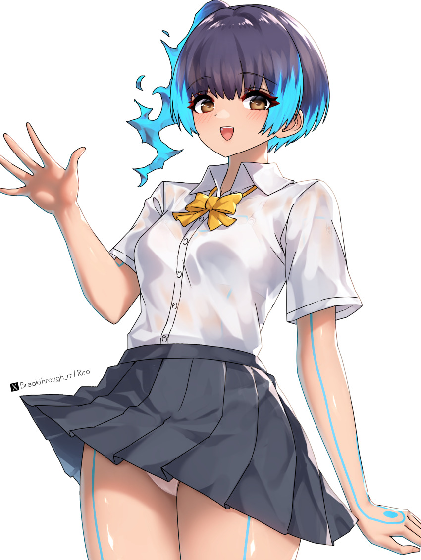 1girl absurdres artist_name black_skirt blue_hair body_markings bow bowtie brown_eyes buttons collared_shirt commentary fiery_hair glowing_lines glowing_markings highres medium_hair open_mouth panties pantyshot pleated_skirt riro_(breakthrough_rr) sena_(xenoblade) shirt side_ponytail simple_background skirt smile solo standing twitter_username underwear waving white_background white_panties white_shirt xenoblade_chronicles_(series) xenoblade_chronicles_3 yellow_bow yellow_bowtie