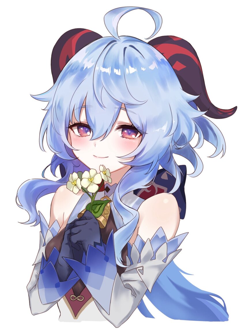 1girl ahoge bare_shoulders bell blue_gloves blue_hair blush bow detached_sleeves flower ganyu_(genshin_impact) genshin_impact gloves highres holding holding_flower long_hair looking_at_viewer neck_bell purple_eyes qingxin_flower sidelocks smile solo upper_body white_background white_flower white_sleeves yonaga_white