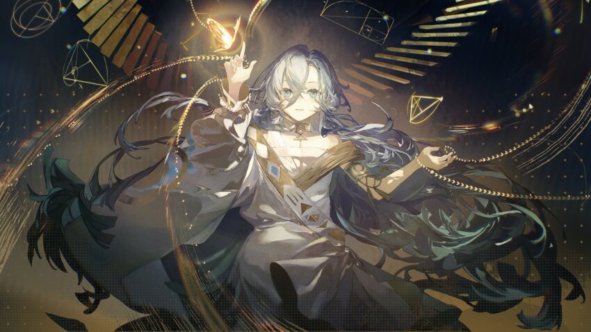1girl 37_(reverse:1999) ancient_greek_clothes blue_eyes blue_hair bug butterfly cowboy_shot dark_background floating_hair geometry glowing glowing_butterfly gold_choker golden_spiral greco-roman_clothes hair_between_eyes hands_up highres index_finger_raised insect lobelia_(saclia) long_hair math parted_lips reverse:1999 single_bare_shoulder single_sleeve solo toga very_long_hair wide_sleeves