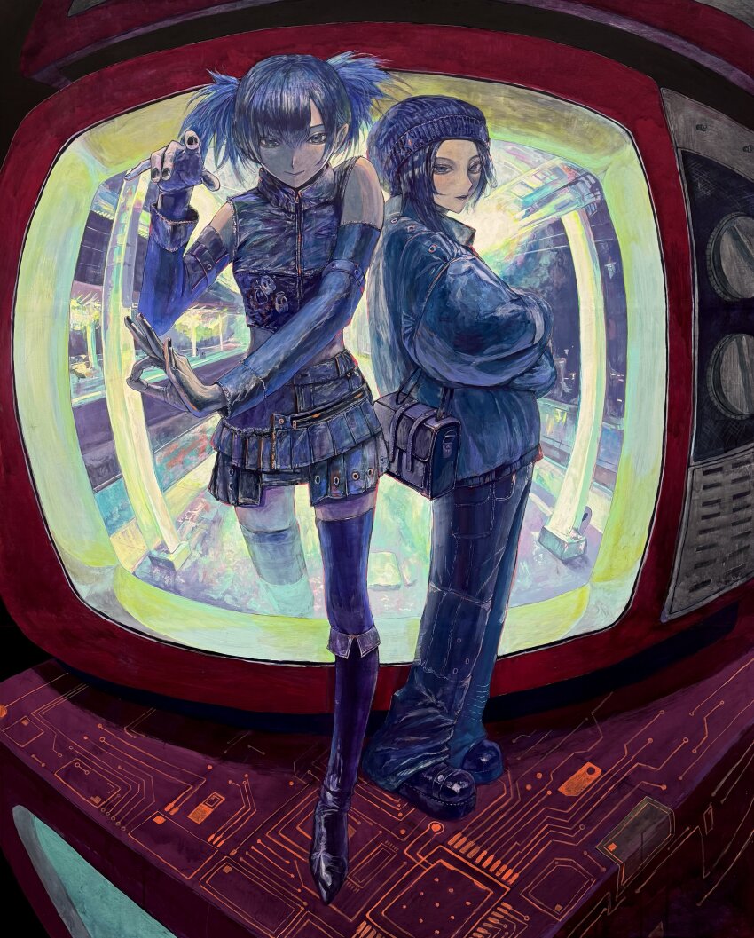 2girls absurdres arm_belt bag bare_shoulders black_boots black_hair black_nails black_pants black_shoes black_skirt black_thighhighs blue_eyes blue_hair blue_hat blue_jacket boots breasts closed_mouth collared_jacket commentary cropped_jacket crt detached_sleeves english_commentary fisheye foot_out_of_frame from_side full_body hair_between_eyes handbag hat hat_ornament highres holding holding_bag jacket long_sleeves looking_at_viewer lui_n24 medium_hair multiple_girls original outdoors pants print_jacket shoes short_hair skirt sleeveless sleeveless_jacket small_breasts smile standing star_(symbol) star_hat_ornament thighhighs traditional_media twintails