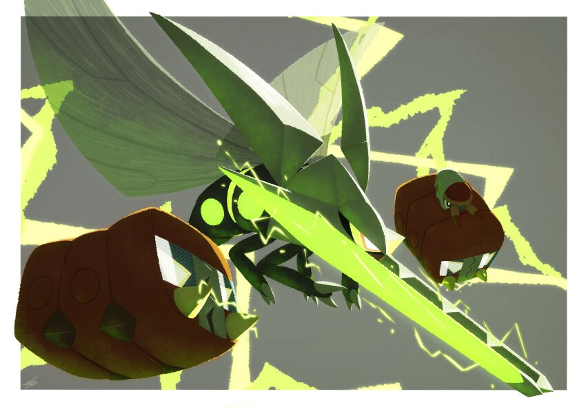 alternate_color beetle bug charjabug claws colored_sclera electricity evolutionary_line ewokakukaede flying from_side full_body game_freak gen_7_pokemon glowing glowing_eyes green_lightning grubbin highres insect insect_wings larva lightning_background mandibles midair nintendo no_humans official_alternate_color open_mouth pokemon pokemon_(creature) pokemon_focus pokemon_on_back shiny_pokemon sideways_mouth stag_beetle tusks vikavolt wings yellow_eyes yellow_sclera