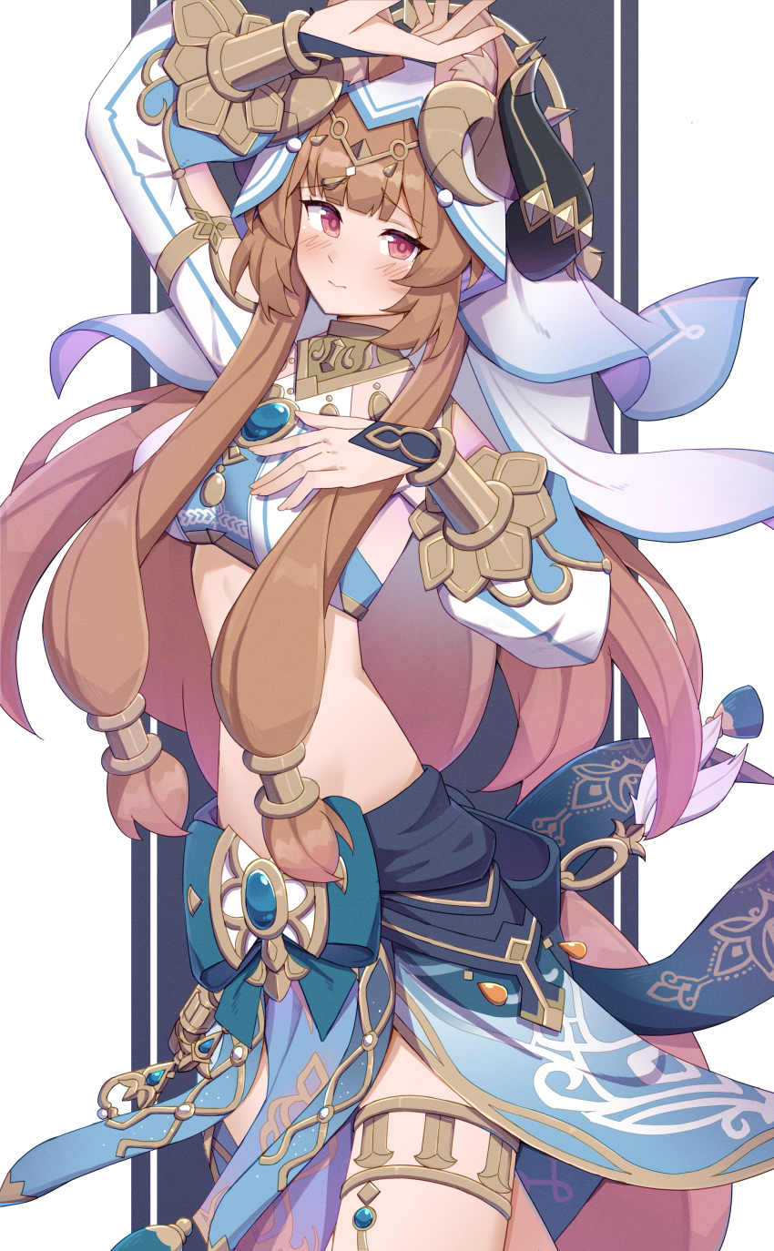1girl absurdres arm_up blue_shirt blue_skirt blush breasts brown_hair circlet closed_mouth commentary commission cosplay cowboy_shot crop_top english_commentary eyelashes fake_horns genshin_impact hand_on_own_chest hand_up harem_outfit highres horns kusubii light_smile long_hair looking_at_viewer medium_breasts metal_hair_tubes midriff nilou_(genshin_impact) nilou_(genshin_impact)_(cosplay) pixiv_commission raccoon_girl raccoon_tail raphtalia red_eyes shirt skirt solo standing tail tate_no_yuusha_no_nariagari thigh_strap two-tone_shirt veil white_shirt white_veil