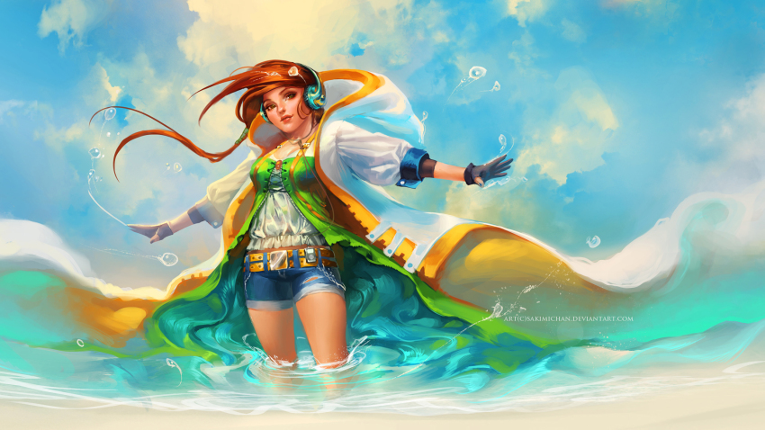 1girl belt blue_sky cloud colorful day denim denim_shorts digital_media_player fantasy female_focus gloves headphones highres ipod long_hair looking_at_viewer orange_hair original sakimichan shorts sky smile solo wading water watermark