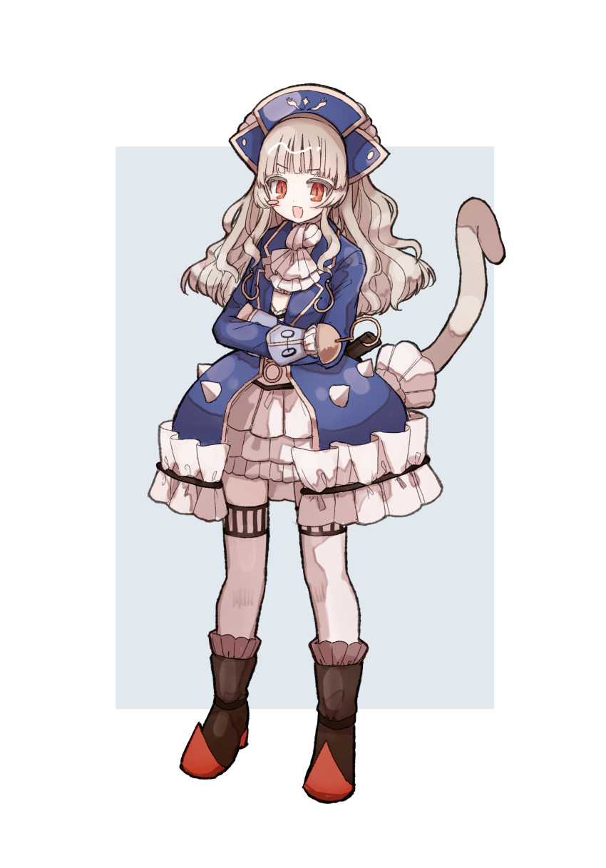 1girl blonde_hair boots butter_run captain_grace crossed_arms dress frilled_dress frills highres hime_cut hook long_hair magical_girl mahou_shoujo_ikusei_keikaku mahou_shoujo_ikusei_keikaku_limited monkey_tail red_eyes smile tail thighhighs white_thighhighs