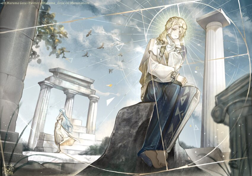 1boy 1girl 37_(reverse:1999) 6_(reverse:1999) ancient_greek_clothes architecture artist_logo barefoot bird blonde_hair blue_eyes blue_hair blue_sky book book_on_lap circlet cloud colored_eyelashes column fine_art_parody full_body golden_spiral grass greco-roman_architecture greco-roman_clothes hand_on_own_chin hand_up highres himation logo long_hair long_sleeves looking_at_viewer maruma_gozu on_rock open_book parody parted_lips pillar reverse:1999 rock ruins sitting sky solo_focus standing the_thinker toga