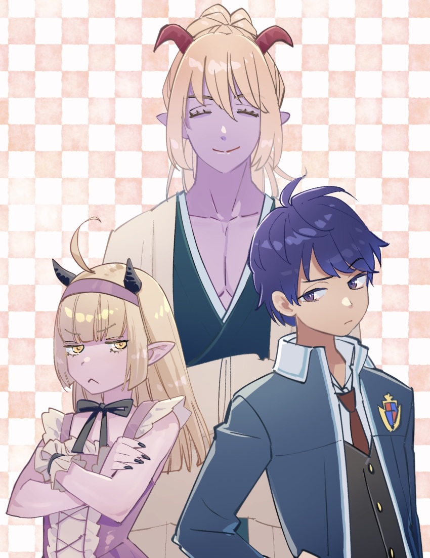 1girl 2boys ahoge ajpp6 asfeld_academy_school_uniform azbar_(dragon_quest) black_bow black_horns black_nails black_vest blonde_hair blue_eyes blue_hair blunt_bangs bow bow_choker checkered_background choker colored_skin commentary_request cross-laced_clothes cross-laced_dress crossed_arms demon_boy demon_girl dragon_quest dragon_quest_tact dragon_quest_x dress frilled_dress frilled_wrist_cuffs frills frown hairband hand_on_own_hip height_difference highres horns japanese_clothes jitome long_hair looking_at_another looking_to_the_side multiple_boys necktie official_alternate_costume pectoral_cleavage pectorals pointy_ears ponytail purple_dress purple_hairband purple_skin red_horns red_necktie rinverry risoru_(dq10) school_uniform smile upper_body vest wrist_cuffs yellow_eyes
