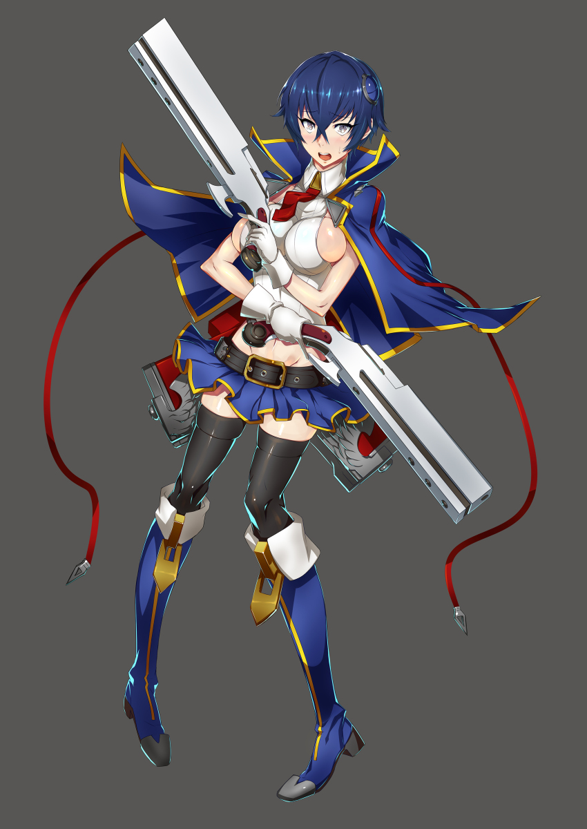 1girl absurdres belt black_thighhighs blazblue blazblue:_cross_tag_battle blue_hair blush boots breasts capelet commentary_request cosplay dual_wielding female_focus gloves gun hair_between_eyes highres holding ippo knee_boots large_breasts looking_at_viewer midriff navel necktie noel_vermillion noel_vermillion_(cosplay) open_mouth persona persona_4 shiny_skin shirogane_naoto short_hair sideboob simple_background skindentation skirt solo standing sweatdrop thighhighs weapon