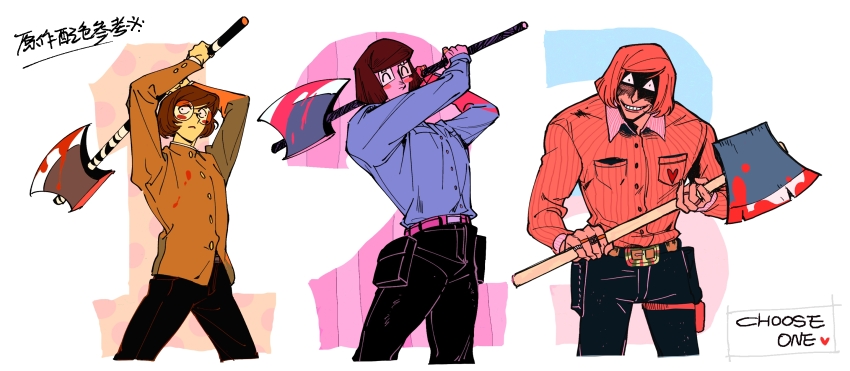 3boys aged_down arms_up axe axe_luther blood blood_on_clothes blood_on_hands bloody_weapon brown_hair dream_luther dual_persona english_text gakuran glasses heizuo955 highres holding holding_axe holding_weapon jewelry luther_von_ivory male_focus multiple_boys multiple_rings randal&#039;s_friends ring round_eyewear school_uniform shaded_face shirt short_hair striped_clothes striped_shirt taped_note weapon white_background