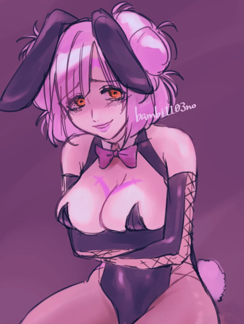 1girl animal_ears anno_(bambi1103no) black_gloves black_leotard bunny_day elbow_gloves fake_animal_ears gloves highres leotard looking_at_viewer macross macross_delta macross_delta:_zettai_live!!!!!! orange_eyes parted_lips pink_lips playboy_bunny purple_hair rabbit_ears short_hair sketch smile solo twitter_username yami_makina
