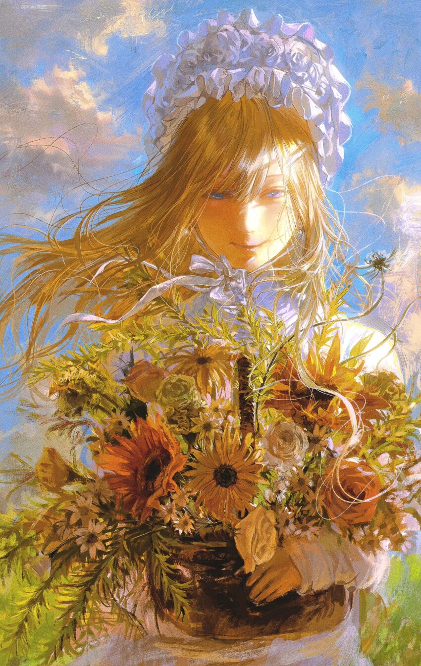 1girl basket blonde_hair blue_eyes bouquet cloud cloudy_sky day dress faux_traditional_media flower frilled_headwear highres holding holding_basket long_hair looking_at_viewer original outdoors seapall sky solo standing sunflower white_dress white_headdress wind