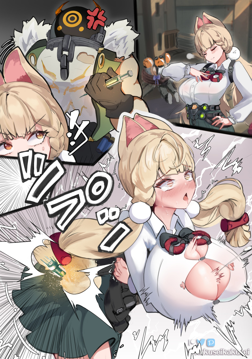 absurdres accessories alice_thymefield alternate_breast_size_(larger) angry animal_ears bad_tag bent_over braid braided_twintails breast_expansion breasts bursting_breasts chest_bow flying_button hair_ornament heterochromia highres hollow_thug_(zenless_zone_zero) hollow_thug_bulky_enforcer_(zenless_zone_zero) hollow_thug_raider_(zenless_zone_zero) kakuseikakusei large_breasts pantyhose popped_button rabbit_ears rabbit_girl revenge sphere_hair_ornament thiren torn_clothes torn_pantyhose wardrobe_malfunction zenless_zone_zero