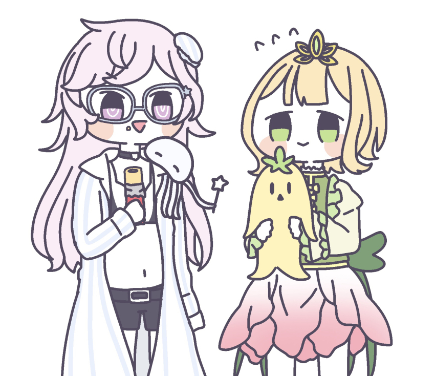 2girls :&gt; :d back_bow belt black_belt black_choker black_shorts blonde_hair blue-framed_eyewear blue_hat blue_jacket blunt_bangs blush_stickers bow bra choker closed_mouth cowboy_shot flower_skirt food food_on_face frilled_shirt frills glasses green_eyes green_shirt hair_ornament hat healthy_umasi highres hood hood_down jacket juliet_sleeves kazari_jun long_hair long_sleeves looking_at_viewer magia_record:_mahou_shoujo_madoka_magica_gaiden magical_girl mahou_shoujo_madoka_magica mini_hat miniskirt multiple_girls navel open_clothes open_jacket open_mouth pink_eyes pink_hair pink_skirt puffy_sleeves satori_kagome shirt short_hair shorts simple_background skirt smile sports_bra star_(symbol) striped_clothes striped_jacket stuffed_squid stuffed_toy swept_bangs umaibou underwear vertical-striped_clothes vertical-striped_jacket white_background white_bra