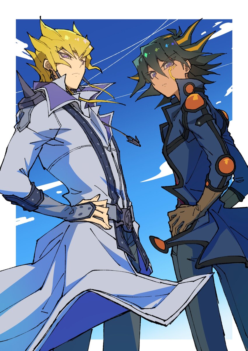 2boys absurdres black_hair blonde_hair blue_jacket coat facial_mark fudo_yusei highres jack_atlas jacket male_focus medium_hair multicolored_hair multiple_boys purple_eyes spiked_hair standing two-tone_hair white_coat youko-shima yu-gi-oh! yu-gi-oh!_5d&#039;s