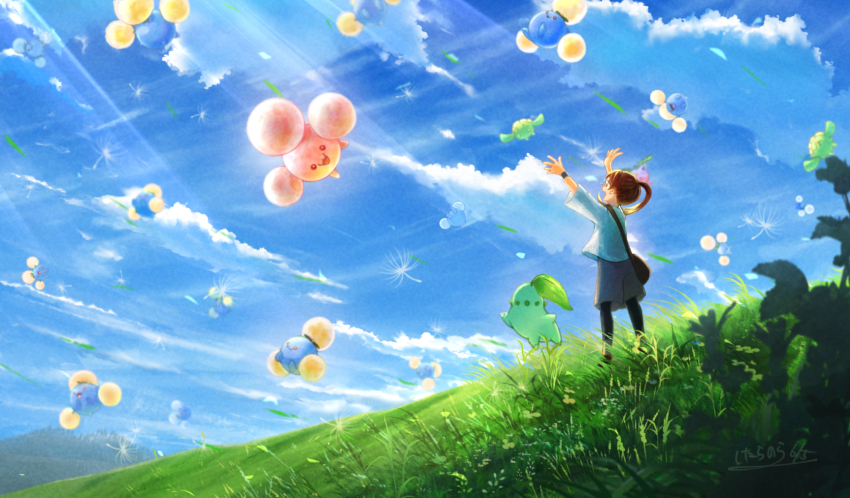 1girl alternate_color arms_up bag black_bag blue_shirt brown_hair chikorita cloud commentary_request day falling_leaves gen_2_pokemon grass highres jumpluff leaf leggings nintendo open_mouth outdoors pokemon pokemon_(creature) ponytail shiny_pokemon shirt shitaraoh shorts shoulder_bag skiploom sky standing wristband