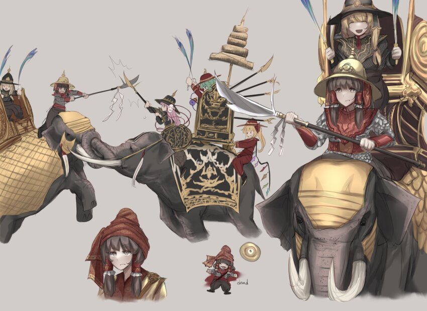 5girls :d armor battle blonde_hair blood closed_eyes crystal crystal_wings dual_wielding duel elephant english_text eyeball flandre_scarlet frilled_hair_tubes frills gohei green_hair hair_tubes hakurei_reimu hat hata_no_kokoro headscarf heart heart_of_string helm helmet highres holding holding_gohei holding_polearm holding_weapon kettle_helm kirisame_marisa komeiji_koishi mask mask_on_head multicolored_wings multiple_girls naginata noh_mask open_mouth pink_eyes pink_hair polearm red_eyes scimitar side_ponytail simple_background smile sword there2007 third_eye touhou weapon wings x_x yellow_eyes