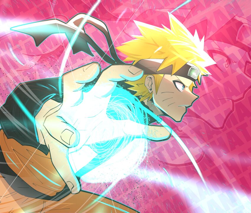 1boy artist_name blonde_hair blue_eyes closed_mouth facial_mark forehead_protector highres jacket long_sleeves male_focus multicolored_jacket naruto_(series) naruto_shippuuden orange_jacket orange_pants pants profile rasengan solo spiked_hair text_background thatamaan uzumaki_naruto v-shaped_eyebrows whisker_markings zoom_layer