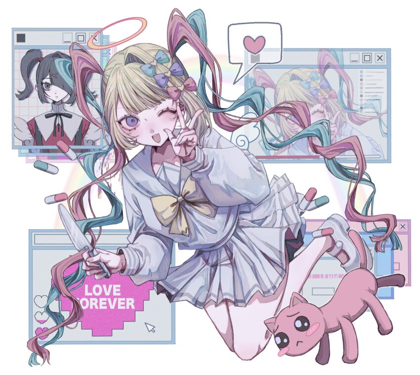 1girl :d ame-chan_(needy_girl_overdose) blonde_hair blue_bow blue_eyes blue_hair bow bowtie brooch cat chouzetsusaikawa_tenshi-chan emoji grey_sailor_collar grey_serafuku grey_shirt grey_skirt hair_bow halo heart heart_brooch highres holding holding_knife jewelry knife long_hair long_sleeves looking_at_viewer multicolored_hair multiple_hair_bows needy_girl_overdose one_eye_closed open_mouth p-chan pill pink_bow pink_cat pink_hair platform_shoes pleading_face_emoji pleated_skirt purple_bow sailor_collar saku050524 school_uniform serafuku shirt shoes simple_background single_hair_intake skirt smile spoken_heart twintails very_long_hair white_background white_shoes yellow_bow yellow_bowtie