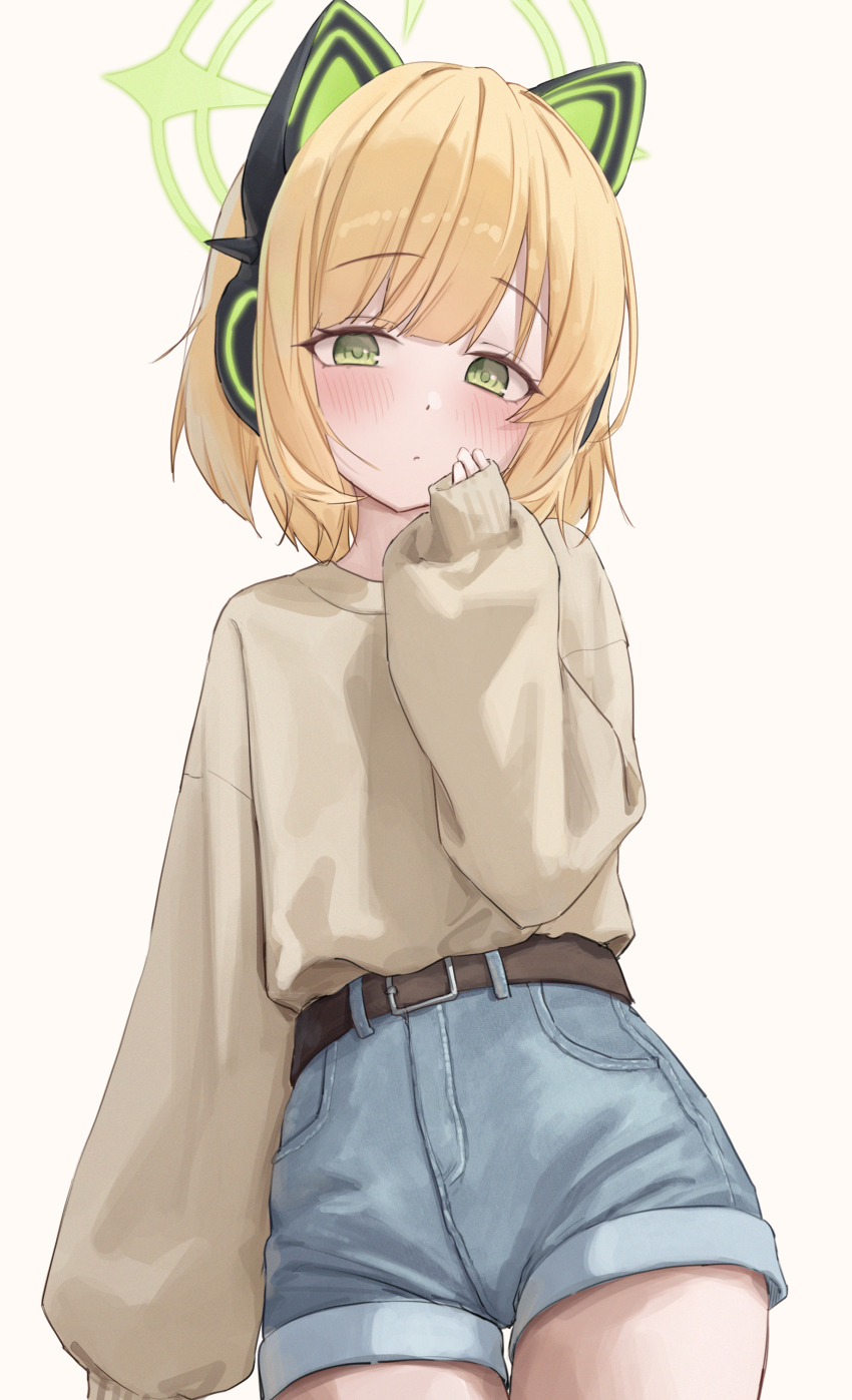 1girl absurdres alternate_costume alternate_hairstyle animal_ear_headphones animal_ears arm_at_side belt blonde_hair blue_archive blunt_bangs blush brown_belt casual cat_ear_headphones cat_ears closed_mouth commentary cowboy_shot denim denim_shorts eyelashes fake_animal_ears frown green_eyes green_halo green_pupils hair_down halo hand_up headphones highres looking_at_viewer medium_hair midori_(blue_archive) puffy_sleeves shorts simple_background sleeves_past_wrists solo springrain_06 sweater thigh_gap white_background yellow_sweater