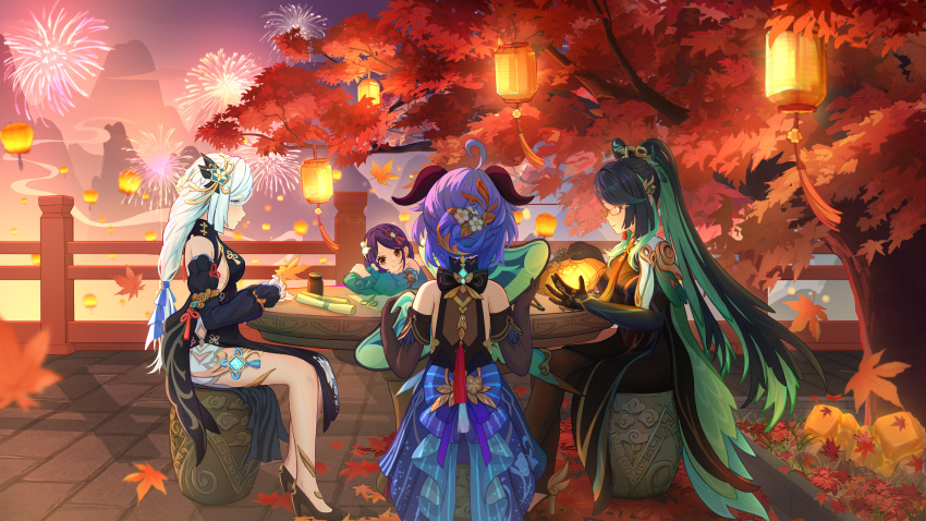 4girls absurdres artist_request black_hair blue_hair cup fence fireworks flower ganyu_(genshin_impact) ganyu_(twilight_blossom)_(genshin_impact) genshin_impact hair_flower hair_ornament highres horns lantern mountainous_horizon multiple_girls ponytail shenhe_(frostflower_dew)_(genshin_impact) shenhe_(genshin_impact) short_twintails sitting table tree twintails vision_(genshin_impact) white_hair wooden_fence xianyun_(genshin_impact)