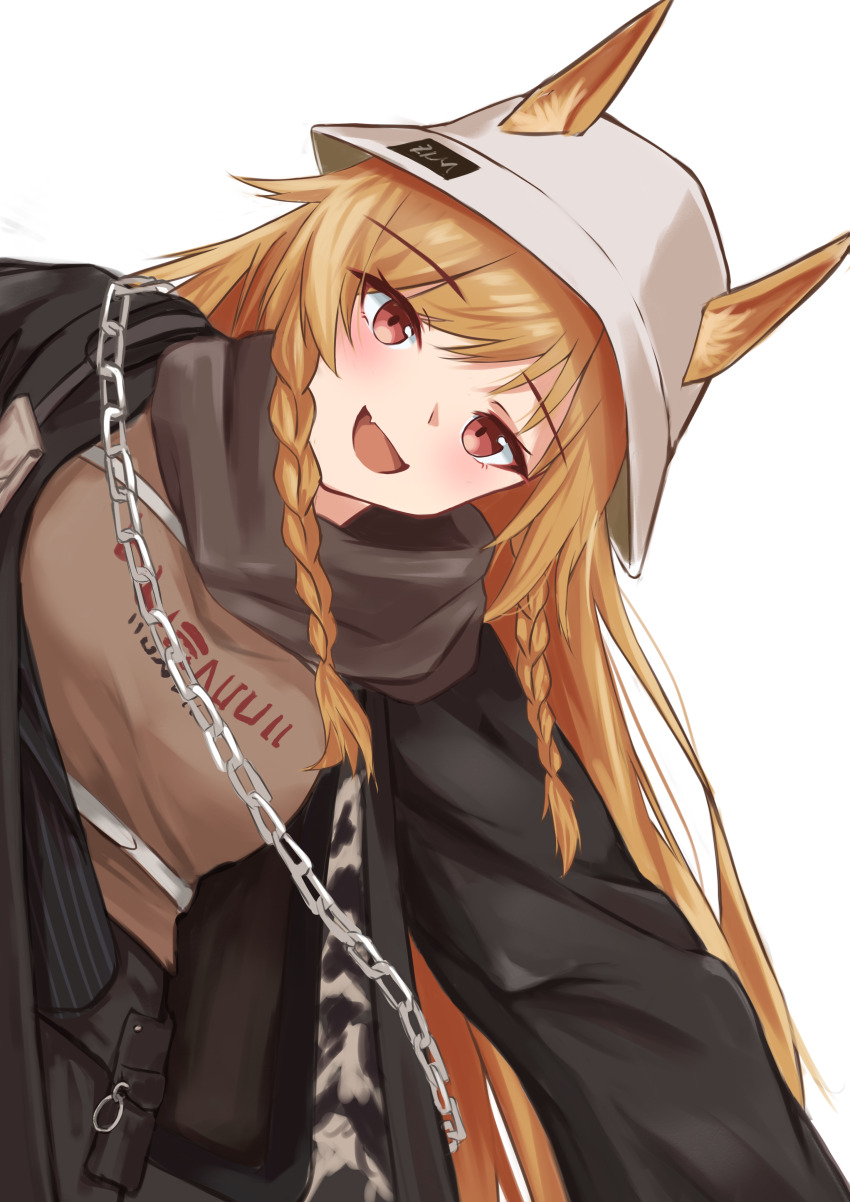 1girl :d absurdres animal_ears arknights black_jacket blush braid brown_hair brown_shirt ceobe_(arknights) ceobe_(unfettered)_(arknights) chain commentary ears_through_headwear fang grey_hat hat highres jacket leaning leaning_to_the_side looking_at_viewer nekomatamago official_alternate_costume open_clothes open_jacket open_mouth red_eyes shirt side_braids simple_background skin_fang smile solo twin_braids white_background