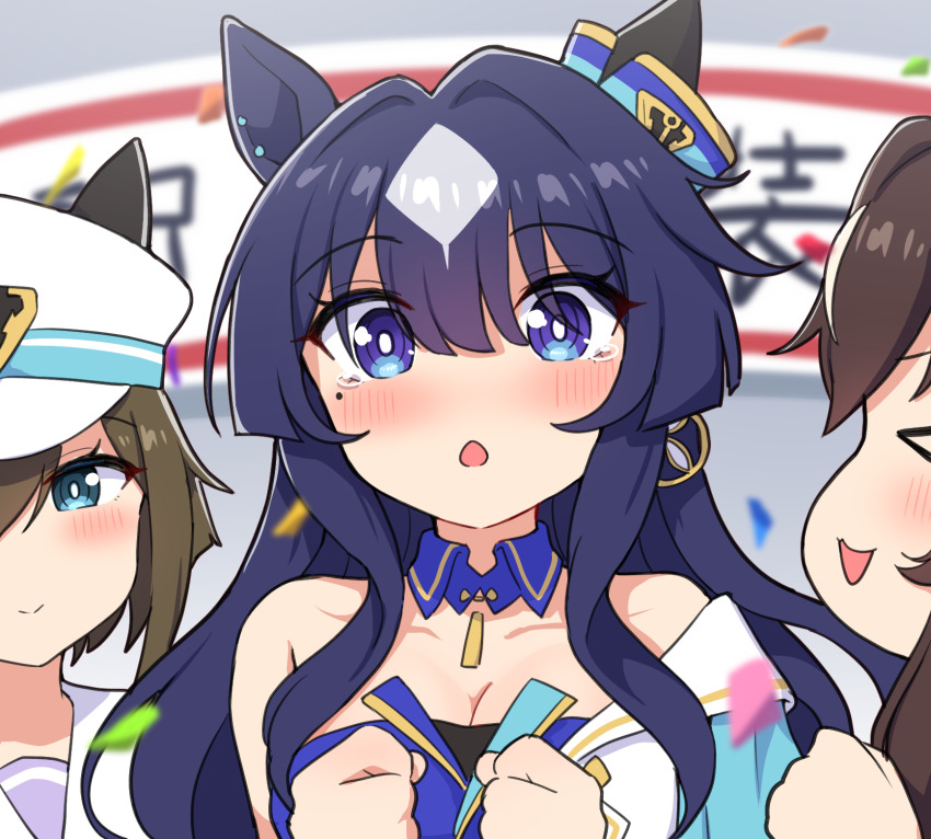 3girls animal_ears bare_shoulders blue_eyes blue_hair blush breasts brown_hair cheval_grand_(umamusume) cleavage commentary highres horse_ears horse_girl long_hair looking_at_viewer medium_breasts mole mole_under_eye multiple_girls siblings sisters takiki tears umamusume v_sisters verxina_(umamusume) vivlos_(umamusume)