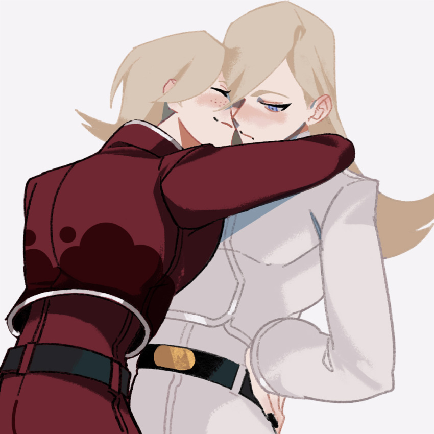 2boys ancestor_and_descendant androgynous arm_around_neck arm_up ash_crimson belt belt_buckle black_belt black_nails blonde_hair buckle closed_eyes closed_mouth commentary cowboy_shot cropped_jacket eyeliner freckles hair_over_one_eye hand_on_own_hip hexermer highres hug jacket light_frown long_hair long_sleeves looking_down makeup male_focus multiple_boys nail_polish one_eye_covered pants patterned_clothing red_jacket red_pants red_shirt saiki_(kof) shirt simple_background smile symbol-only_commentary the_king_of_fighters the_king_of_fighters_xiii undershirt white_background white_jacket white_pants white_trim