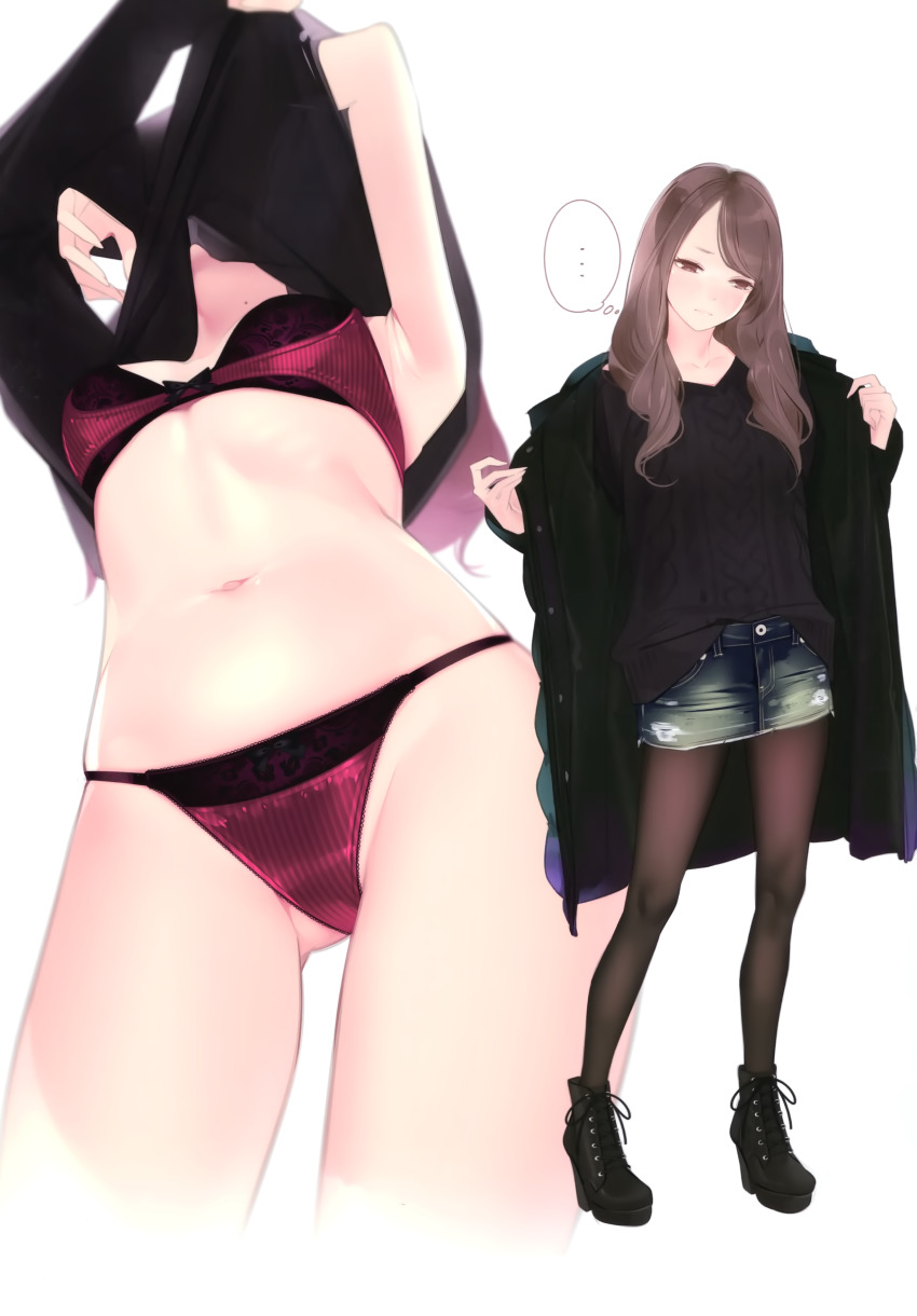 ... 1girl absurdres ama_mitsuki ankle_boots armpits arms_up black_bow black_coat black_footwear black_pantyhose black_sweater boots bow bow_bra bow_panties bra breasts brown_eyes brown_hair clothes_lift coat denim denim_skirt from_below gluteal_fold high_heel_boots high_heels highres lace-up_boots lifting_own_clothes looking_away looking_down medium_breasts miniskirt multiple_views navel non-web_source open_clothes open_coat original panties pantyhose platform_footwear purple_bra purple_panties ribbed_sweater satin satin_bra satin_panties satin_underwear scan simple_background skirt speech_bubble stomach sweater sweater_lift swept_bangs thighs thought_bubble underwear undressing white_background