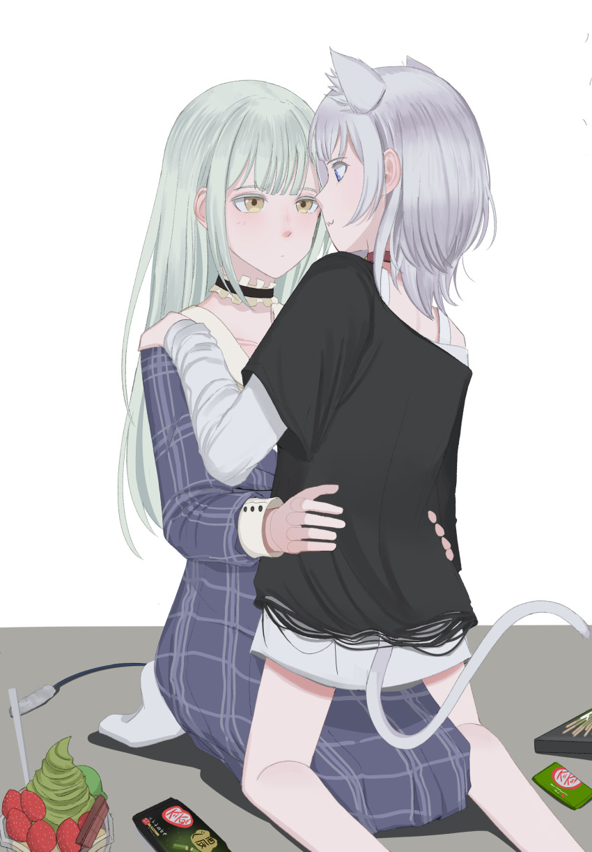 2girls :3 animal_ears bang_dream! bang_dream!_it&#039;s_mygo!!!!! black_choker black_shirt blue_dress blue_eyes cat_ears cat_girl cat_tail cat_teaser choker collar commentary dress food frilled_choker frills green_hair highres johndoge_123 kaname_raana kemonomimi_mode kitkat kneeling layered_sleeves long_hair long_sleeves matcha_parfait multiple_girls no_shoes pocky raana_the_cat red_collar shirt short_hair short_over_long_sleeves short_sleeves socks tail wakaba_mutsumi white_hair white_shirt white_socks yellow_eyes yuri