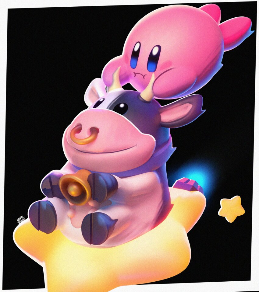 artist_name bell black_background blue_eyes blush border closed_mouth company_connection cow crossover henry_vargas highres holding_another&#039;s_horns horns kirby kirby_(series) kirby_air_ride kirby_air_riders mario_(series) mario_kart mario_kart_world moo_moo_(mario) motion_blur neck_bell nintendo no_humans nose_piercing nose_ring piercing simple_background smile star_(symbol) warp_star white_border