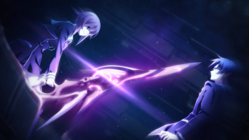 1boy 1girl black_jacket black_pants blazer blue_hair blue_theme breasts buttons chaos;child collared_shirt cropped_jacket d-sword dark dark_room dim_lighting double-breasted dress_vest dutch_angle evil_smile fighting_stance from_side frown game_cg glasses glowing glowing_sword glowing_weapon hair_between_eyes highres holding holding_sword holding_weapon jacket light_particles long_sleeves medium_breasts messy_hair miniskirt miyashiro_takuru non-web_source official_art onoe_serika outdoors pants pink_eyes pink_hair pink_sword sailor_collar sailor_shirt sasaki_mutsumi shirt short_hair short_hair_with_long_locks skirt smile smirk standing sword v-shaped_eyebrows weapon white_sailor_collar white_shirt white_sleeve_cuffs