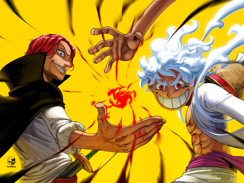 2boys abs borudbrian cape energy handshake hat highres meme meme_request monkey_d._luffy multiple_boys muscular muscular_male one_piece open_mouth scar shanks_(one_piece) smile straw_hat teeth veins white_hair yellow_background
