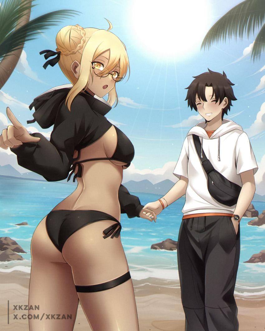 1boy 1girl ahoge artist_name artoria_pendragon_(fate) ass bag beach bikini black-framed_eyewear black_bikini black_hair black_jacket black_pants black_ribbon blonde_hair blue_sky blush braid breasts choker clock cloud commission dark-skinned_female dark_skin dating day fate/grand_order fate_(series) fujimaru_ritsuka_(male) glasses hair_between_eyes hair_bun hair_ornament hair_ribbon hand_in_pocket highres holding_hands hood hood_down hoodie jacket long_sleeves looking_at_viewer looking_back medium_breasts mountainous_horizon mysterious_heroine_x_alter_(fate) mysterious_heroine_xx_alter_(fate) ocean open_mouth outdoors palm_tree pants pointing pointing_at_viewer ribbon rock sand semi-rimless_eyewear shirt short_hair short_sleeves shoulder_bag side-tie_bikini_bottom side-tie_clothing side-tie_swimsuit sideboob sidelocks skeb_commission sky smile standing summer sun sunlight swimsuit thigh_strap thighs tree twitter_username watch water white_hoodie white_shirt wristwatch xkzan yellow_eyes