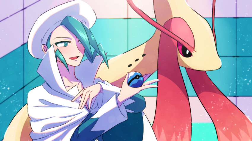 1boy :d cape commentary_request dive_ball gen_3_pokemon green_eyes green_hair hands_up haruki_sparsa hat holding holding_poke_ball indoors long_sleeves male_focus milotic nintendo open_mouth poke_ball pokemon pokemon_(creature) pokemon_emerald pokemon_rse popped_collar shirt short_hair smile tile_wall tiles tongue wallace_(pokemon) white_cape white_hat