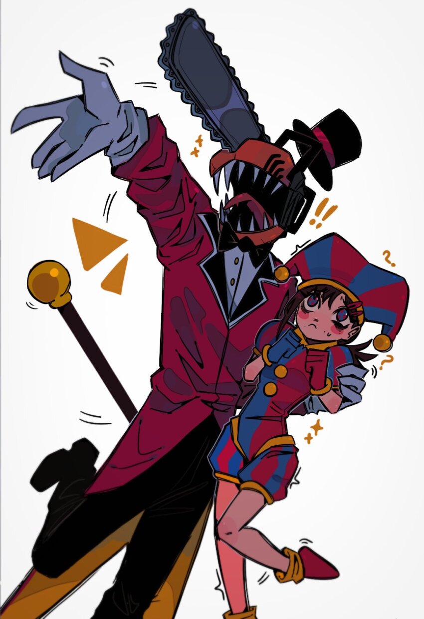 ! !! 31ulkubo ? asymmetrical_gloves black_bow black_bowtie blue_eyes blush_stickers bow bowtie brown_hair caine_(the_amazing_digital_circus) caine_(the_amazing_digital_circus)_(cosplay) chainsaw chainsaw_man coat commentary cosplay denji_(chainsaw_man) dutch_angle gloves hair_ornament hairclip hat hat_bell higashiyama_kobeni highres jester jester_cap jester_costume mismatched_gloves multicolored_eyes outstretched_arm pomni_(the_amazing_digital_circus) pomni_(the_amazing_digital_circus)_(cosplay) red_coat red_eyes red_gloves sparkle standing standing_on_one_leg striped_clothes striped_headwear the_amazing_digital_circus top_hat trembling two-tone_eyes two-tone_headwear vertical-striped_bodysuit vertical-striped_clothes vertical-striped_headwear white_gloves