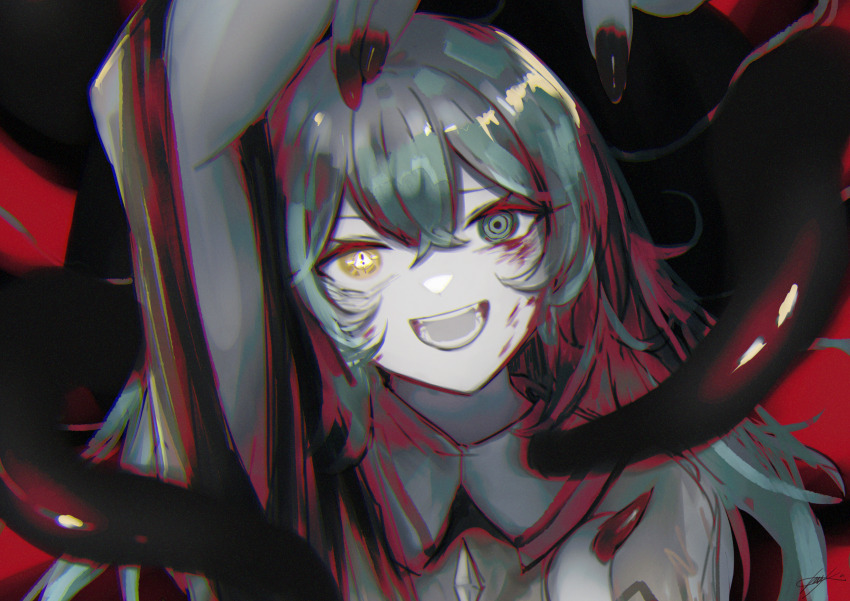 1girl :d absurdres arm_up buttons chromatic_aberration commentary_request crossed_bangs diamond_button dot_nose green_eyes green_hair hair_between_eyes heterochromia highres koishi_day komeiji_koishi looking_at_viewer messy_hair muted_color no_bose no_headwear no_nose open_mouth original pointing pointing_down ringed_eyes shirt sign smile solo sutorobo72 symbol-shaped_pupils teeth touhou upper_body warning_sign yellow_eyes yellow_shirt
