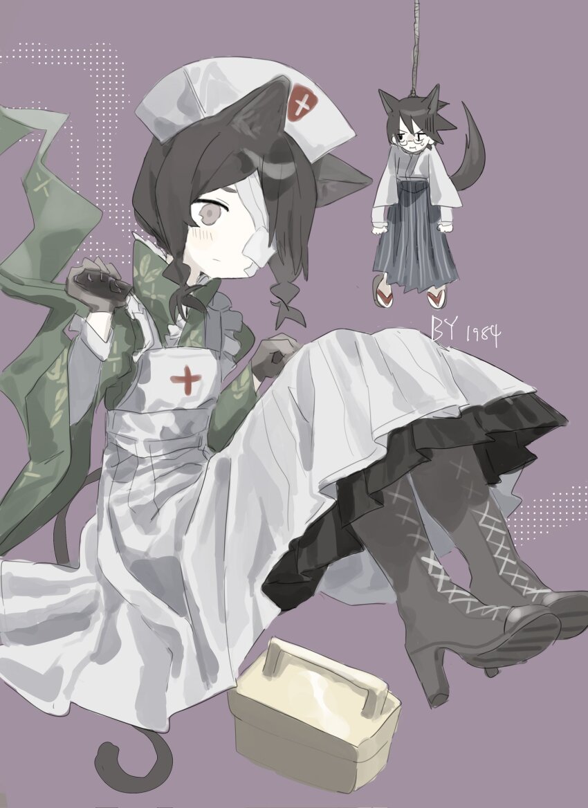 1984_(cw1000110) 1boy 1girl animal_ears artist_name bandage_over_one_eye black_hair boots braid cat_ears cat_girl cat_tail chibi closed_mouth collared_dress cross cross-laced_footwear cross_print dress expressionless flat_chest frilled_dress frills full_body grey_boots grey_eyes hanging hat highres itoshiki_nozomu japanese_clothes kemonomimi_mode kimono kobushi_abiru long_sleeves looking_ahead looking_at_another medium_hair nurse nurse_cap parted_bangs purple_background rope sandals sayonara_zetsubou_sensei sitting tail twin_braids white_dress wide_sleeves zouri