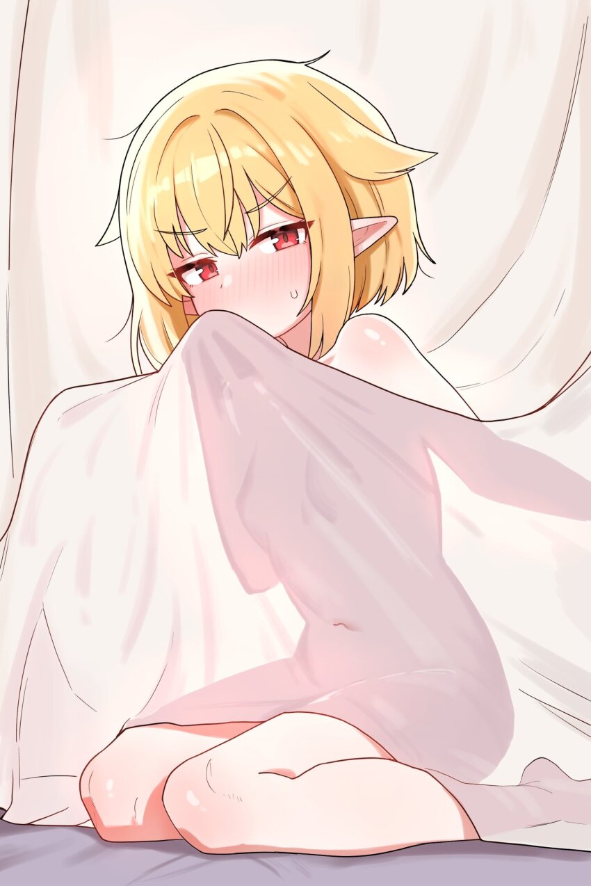 1girl blonde_hair breasts covered_navel curtain_grab curtains hair_between_eyes highres indie_virtual_youtuber looking_at_viewer medium_hair nude pointy_ears red_eyes saho_4545 seiza sitting small_breasts solo thighs virtual_youtuber